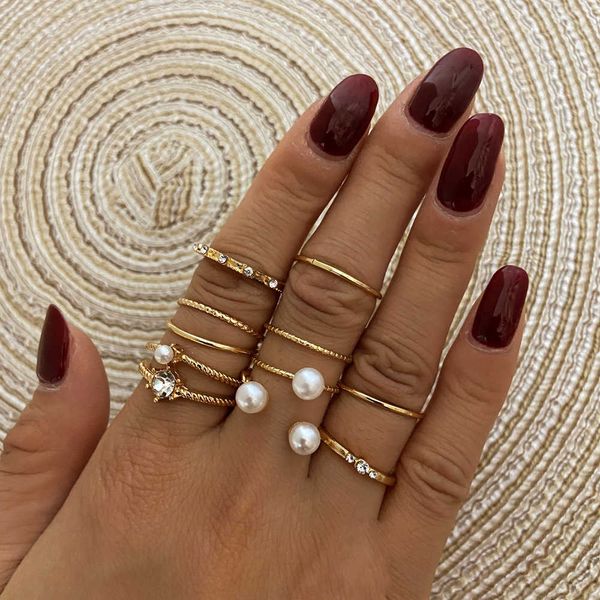

53463 pearl inlaid diamond ring set 8-piece set of simple joint ring for women, Silver