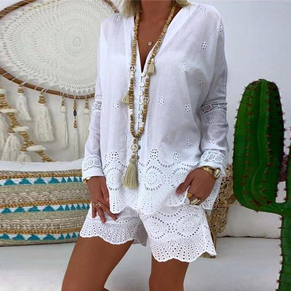

women's tracksuits button v neck pullover + loose shorts outfits summer fashion women two piece set autumn casual long sleeve shir, Gray