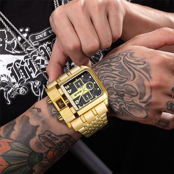 

wristwatches oulm big golden stainless steel watch auto date male quartz clock unique military men's watches relogio masculino, Slivery;brown