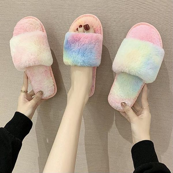 

slippers [gogd]women furry fluffy flat shoes household women colourful summer fashion all-around breathable, Black