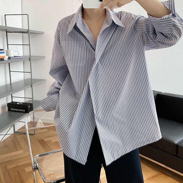 

2021 spring new turn down collar blue striped womens and blouses fashion women shirt blusas roupa feminina b8q5, White