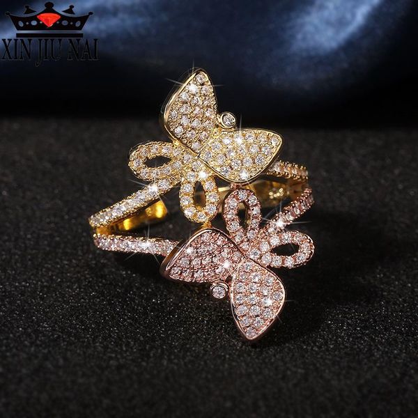 

cluster rings 925 silver original small fresh lovely butterfly gold two color full diamond into one retro light luxury adjustable ring, Golden;silver