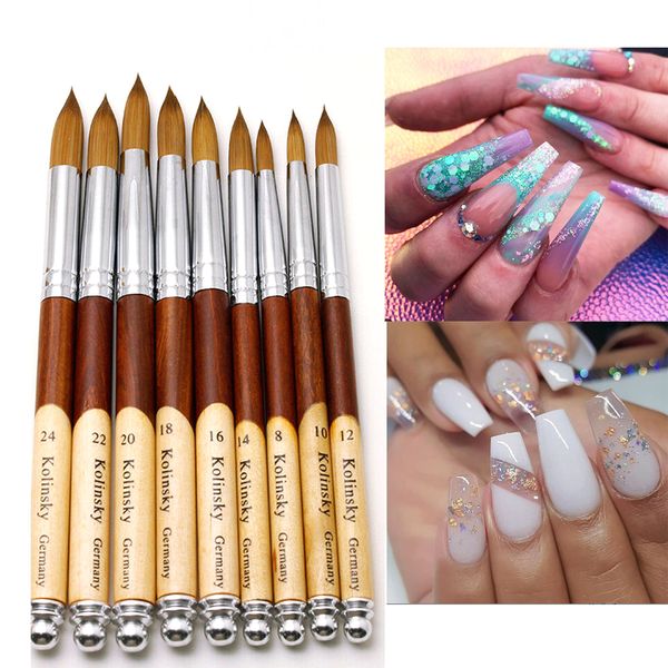 Escova de prego Flat Round Sable Nail Art Gel Brush Gel Builder Manicure Brush Com Wood Handle Nail Art Tool