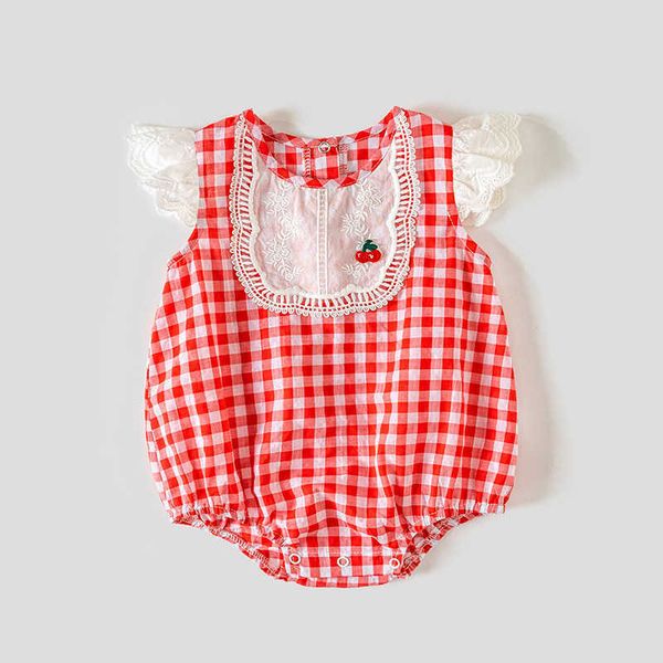 Sommer Säugling Mädchen Stickerei Strampler Baby Mädchen Plaid Overall Twin Outfits geboren 1. Geburtstag Taufe Body 210615