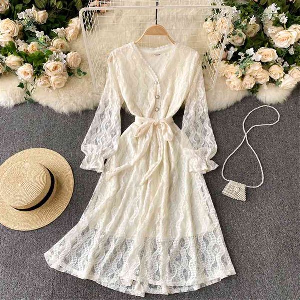 

spring summer women floral lace dress v-neck hollow out full sleeve single breasted sash bow-tied casual female 210603, Black;gray