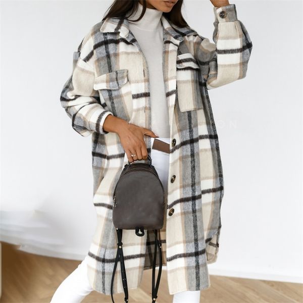 Autunno Donna Camicia Cappotto Moda Plaid stampato Colletto rovesciato Lungo Casual monopetto invernale Cappotto femminile 210909