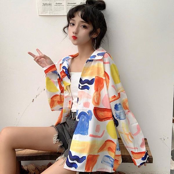 

women's blouses & shirts korean hong kong taste retro wild loose oil painting printed long-sleeved lapel color large size shirt, White