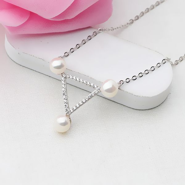 

diy accessories s925 si-lver necklace triangle 3 pearls 5.5-6 pearl empty support pendant chain 373, Silver