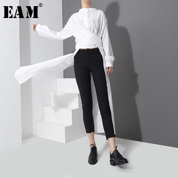 

[eam] 2021 spring new fashion new long type side vent button big size shirt long sleeve temperament blouse women tide yc1, White