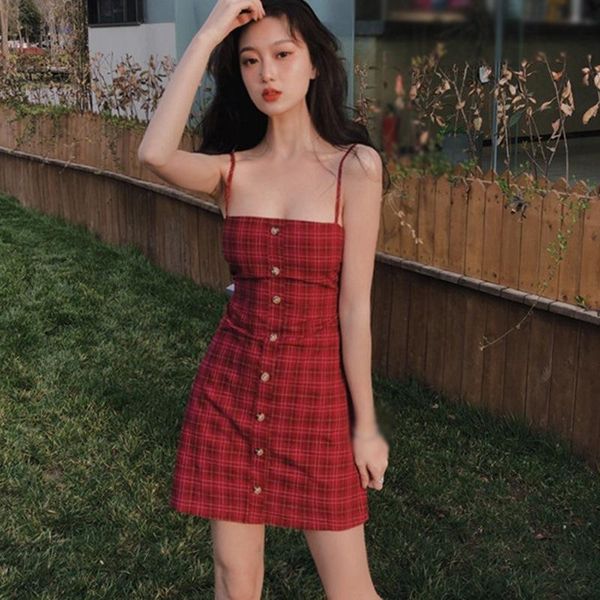 

casual dresses women's summer trick backless high waist slim plaid sling square collar hollow out dress, Black;gray