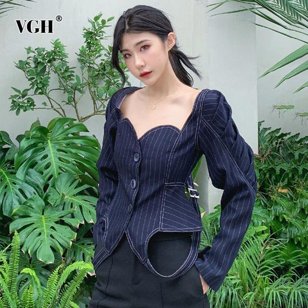 

women's jackets vgh striped blouse for women square collar ruched puff sleeves high waist belt slim fit blouses female 2021 korean, Black;brown