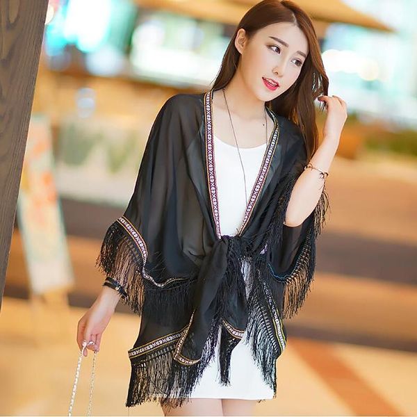 

women's blouses & shirts women and solid tassel shirt 2021 summer fringe kimono blusas ladies casual beach bikini cover-up, White