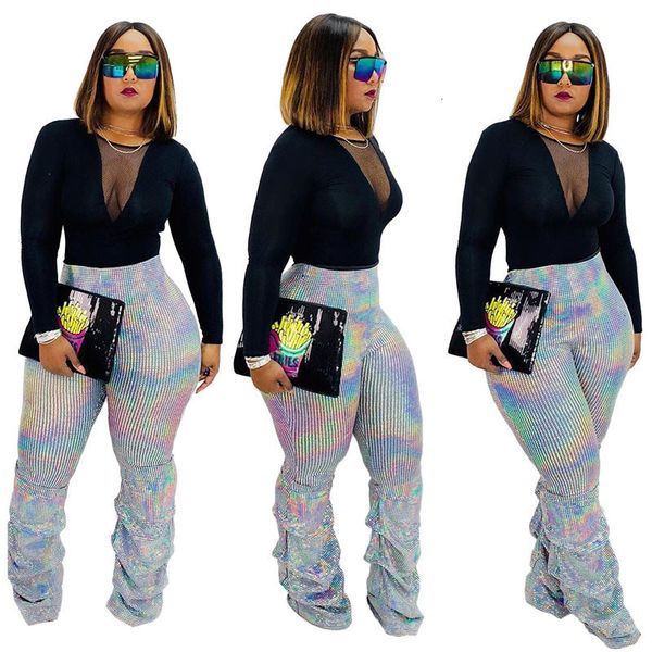 

2021 new gothic glitter sequin women high waist pleated flare pants bell bottom ladies shiny party long trousers pantalones mujer nz0f, Black;white