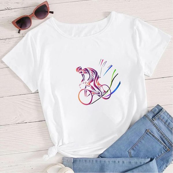 

watercolor bicycle race printed womens t shirt modern man aesthetic short sleeve interesting 90s exquisite crewneck, White