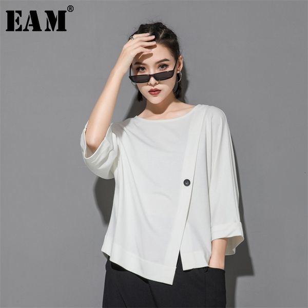 

[eam] new spring summer round neck three quarter sleeve hem irregular button big size t-shirt women fashion tide jt233 210315, White