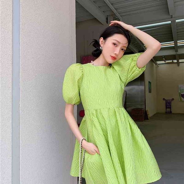 

casual dresses neon green texture puff sleeve short a line empire waist mini korean fashion cute outfits for women as4c, Black;gray
