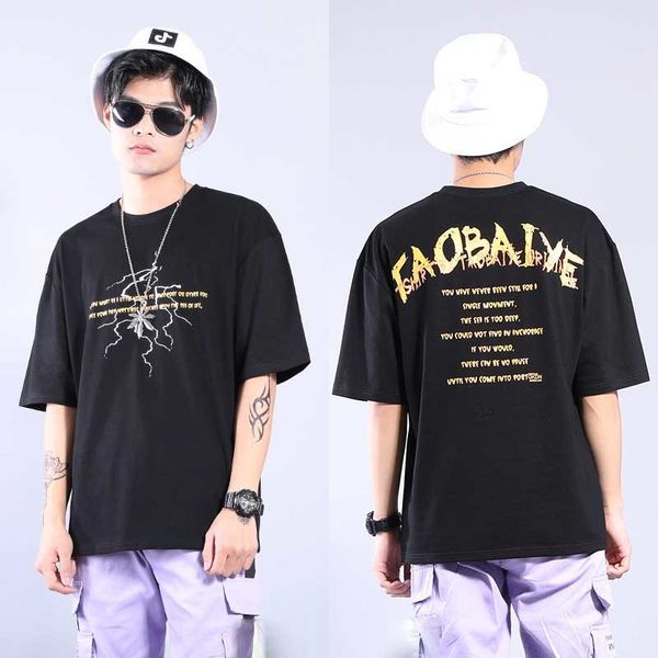 

2021 new hiphop from men of summer cotton t-shirt loose print baggy the casual neck shirt masculine clothes wujm, Black;brown