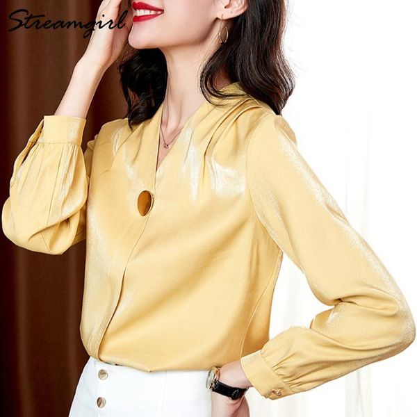 

women's blouses & shirts streamgirl blouse women elegant satin long sleeves autumn office female v neck loose, White
