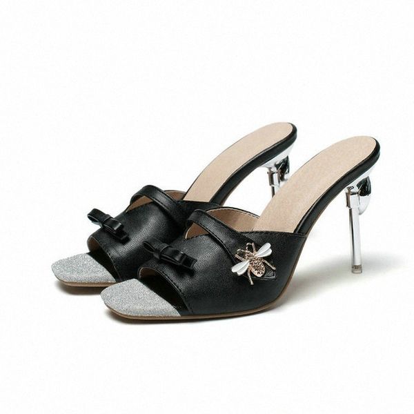 

summer fine heeled high heeled bow rhinestone slippers womens shoes large size high heeled slippers sandals open toe flip flops nude s y2a1#, Black