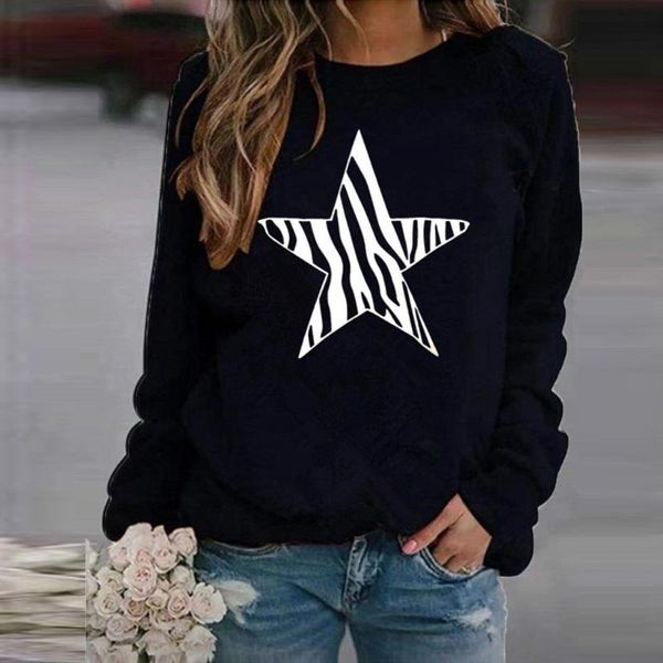 

women's hoodies & sweatshirts star print sweatshirt o-neck long sleeve loose wint sport femme warm sudaderas de mujer, Black