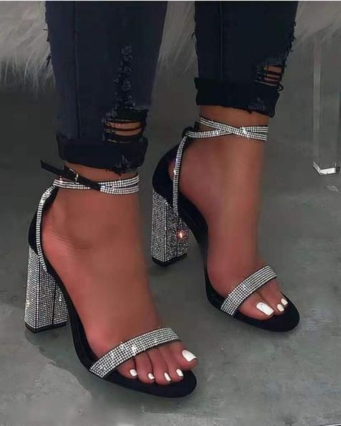 

sandals luxury shiny rhinestone high heels for women party shoes square heel ankle strap prom dress female club 43, Black