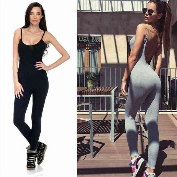 

womens spaghetti strap slim fit jumpsuit sport fitness unitard pants sleeveless backless solid color skinny suits clothes, Black;white