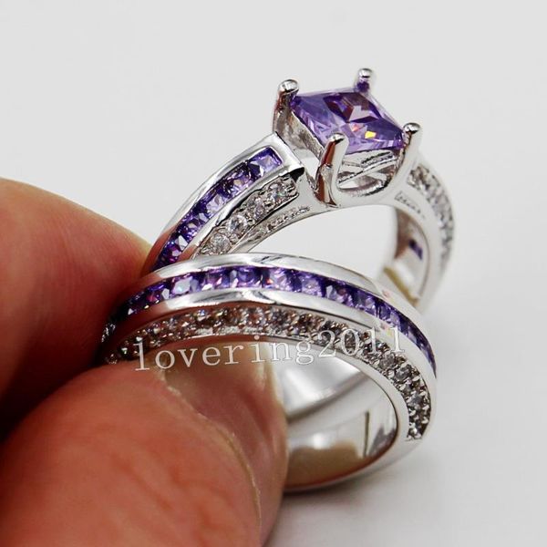 

wedding rings victoria wieck lovers engagement 6mm princess cz simulated stones 10kt white gold filled 2 band ring sets size 5-10 gift, Slivery;golden