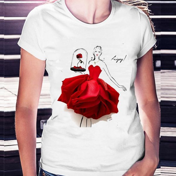

illustration of flowers red rose skirt print t-shirt women clothes cute t shirt femme harajuku shirt summmer, White