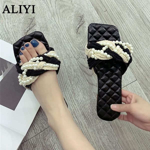 

sandals 2021 fashion women summer straw twisted rope pearl slippers flat black diamond comfortable female dress slides