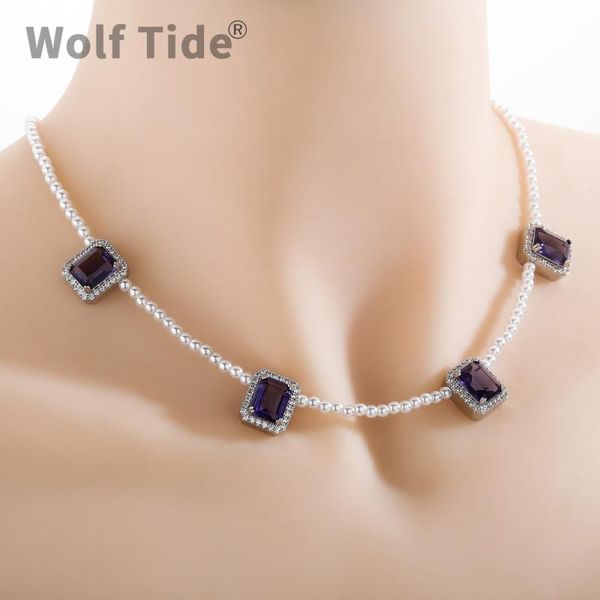 

chains 14mm bling blue red clustered square cubic zirconia pearl chain necklace hip hop white gold jewelry collier gifts for women, Silver