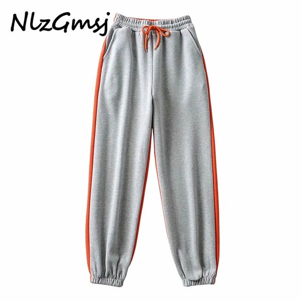 

pant women drawstring elastic waist pants color matching sweatpants casual loose jogging chic streetwear 210628, Black;white