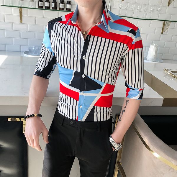 

2021 mode new spring summer half manly shirt sleeve streetwear all game thin fit striped shirts casual male blouse 3xl zgz4, Black;brown