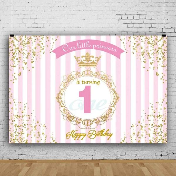 

party decoration little princess 1st birthday backdrop pink white striped banner royal crown kids golden glitter spots vintage frame cake ta
