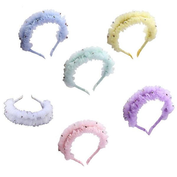 

hair accessories women sweet ruffles mesh headband wrinkled candy color wide hoop rhinestone embellished wedding bandana headdress
