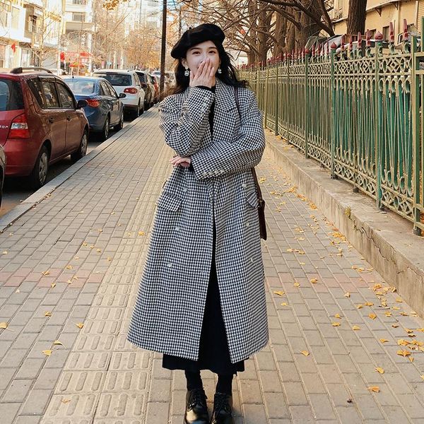 

women's wool & blends women double breasted slim casual long plaid woolen coat female vintage elegant korean bandage overcoat woman win, Black
