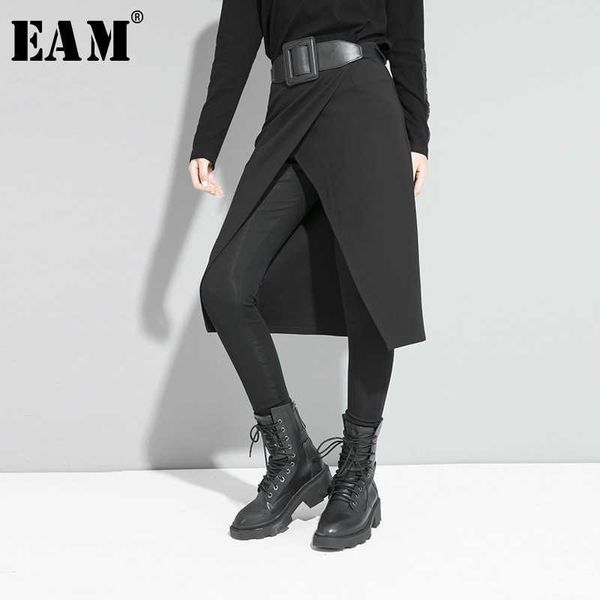 

[eam] high elastic waist black stitch long false two trousers loose fit pant fashion spring autumn 1s191 210706, Black;white