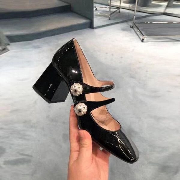 

dress shoes ss2021 show style handmade patent leather pearl buckle double belt thick heel women's mary jane high heels single, Black