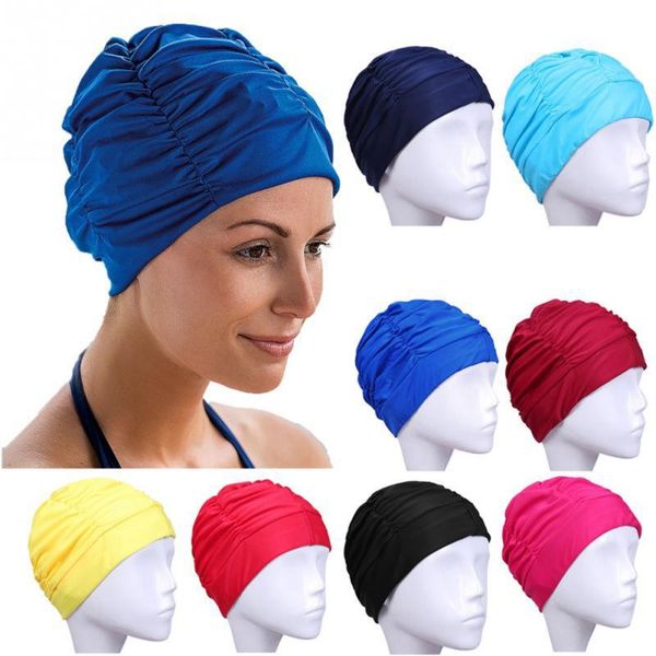 

swimming caps long hair protect pool bathing hats swim sports accessories 1pc elastic nylon solid colors pleated