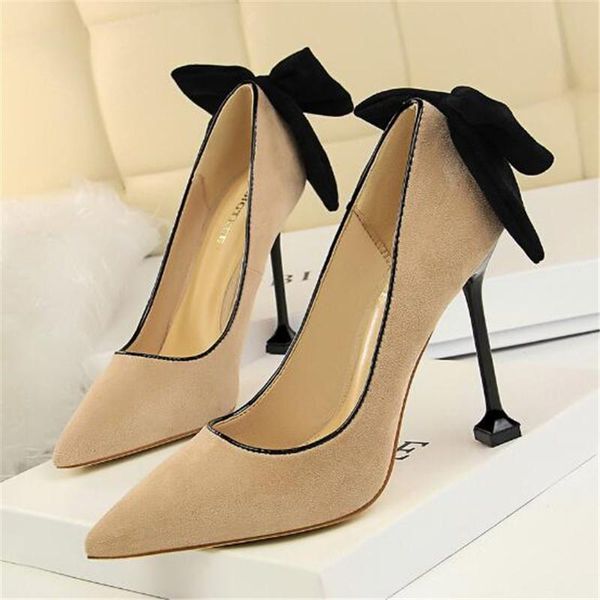 

dress shoes women pointed toe high heels woman pumps ladies fashion wedding party suede butterfly knot shallow stilettos, Black