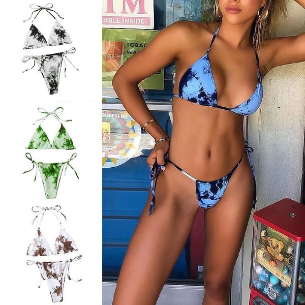 

women swimwear tie-dye bikini swimming set strap strappy beachwear bathing swimsuit floral female bathing beach bra