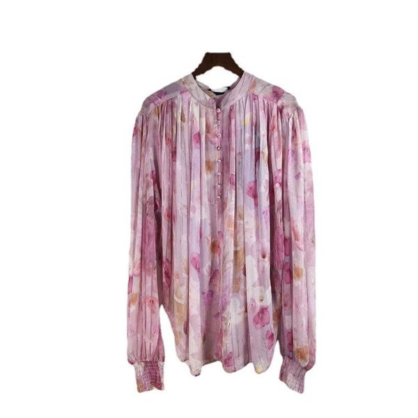 

women's t-shirt spring and summer 2021 shirt french floral print single breasted loose comfortable stand collar b154, White