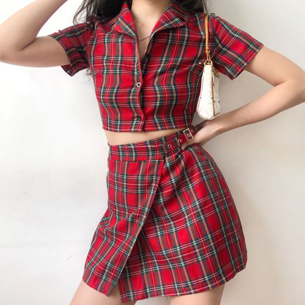 

women skirt and two set matching sets retro england style short sleeve crop shirt red plaid mini y2k skirts suit 2021, White