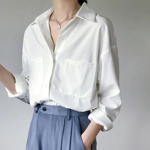 

women's blouses & shirts fashion clothes woman 2021 arrival solid chiffon blouse button loose white shirt elegant korea style feminina