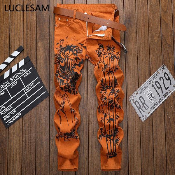 

mens straight printed jeans casual printing hip hop streetwear punk pants slim fit designer trousers 2021 summer joggers jeans, Blue