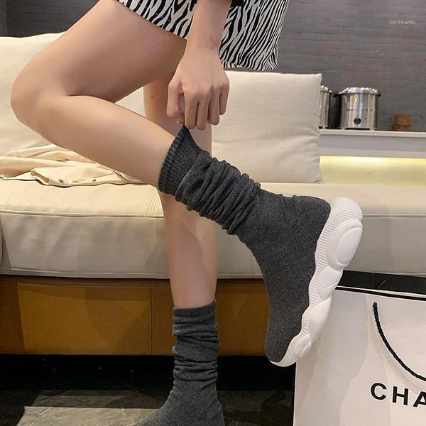 

women's boots high-sneakers stretch fabric platform long woman winter casual flat high stockings1, Black