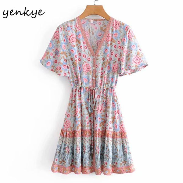 

2021 new casual holiday summer women floral print boho female drawstring waist a-line v neck short sleeve vestido 8bkt, Black;gray