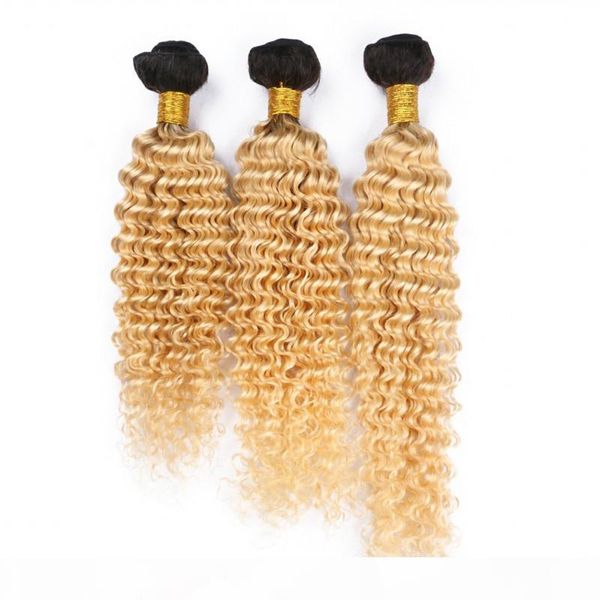 

black and blonde ombre virgin brazilian human hair bundles 3pcs deep wave human hair double wefts 1b 613 dark root ombre weaves extensions