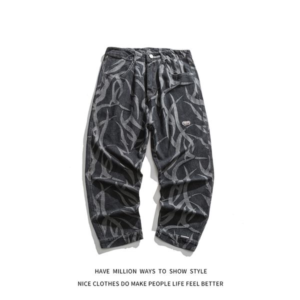 

men's pants autumn comes full set of casual wear pattern printing men's denim shorts women's jogging shoulder strap retro fas, Black