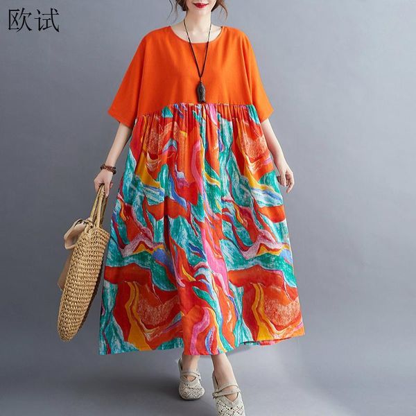 Plus Größe Baumwolle Casual Sommer Kleid Patchwork Frauen Damen Kleider 4xl 5xl 6xl Frau Lange Lose Übergroßen Blumen Kleid 2021 x0521