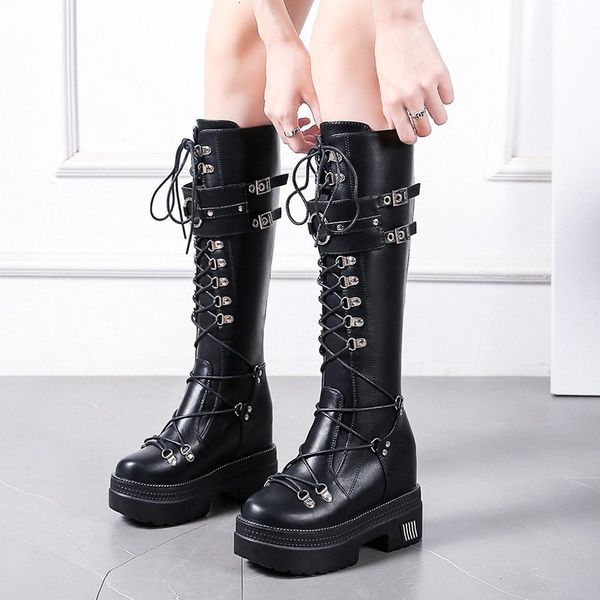 

2021 new vintage rivet buckle knee high women punk gothic boots woman metal lace up chunky hidden heels shoes 4vje, Black